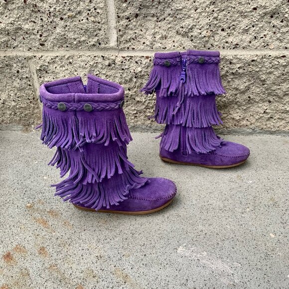 MINNETONKA Purple Fringe Boots Girls 12 Purple Toddler Girl Boho Moccasin Boot - Picture 2 of 11